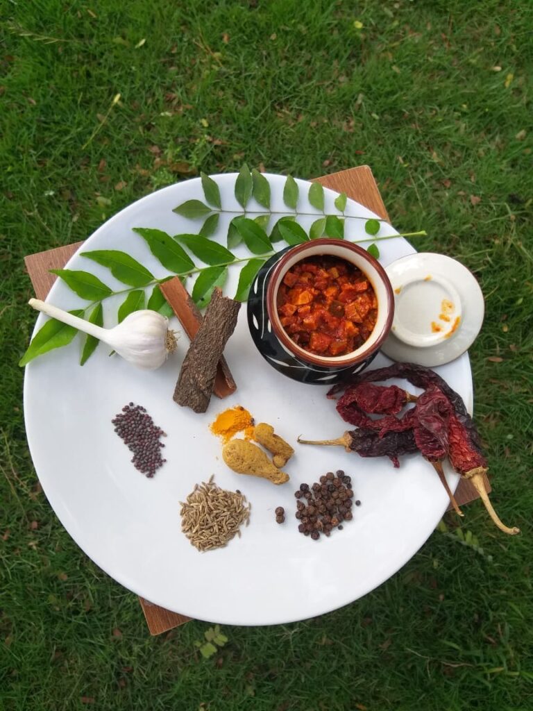 A selection of pickling ingredients arranged on a white plate, featuring garlic, various spices such as mustard seeds, cumin, and dried red chilies, alongside a small bowl of vibrant red pickle, all set against a grassy background.